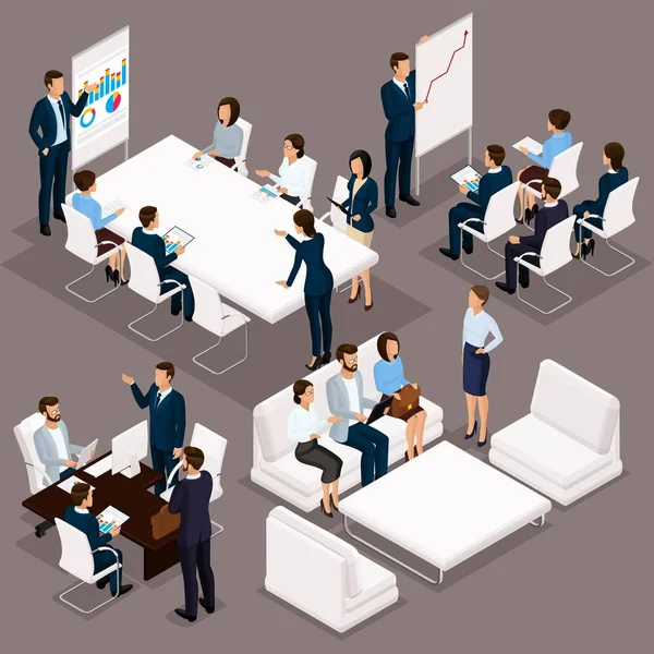 Isometric people, businessmen 3D business woman. Discussion, negotiation concept work, brainstorming. Working in the office, office workers on a dark background