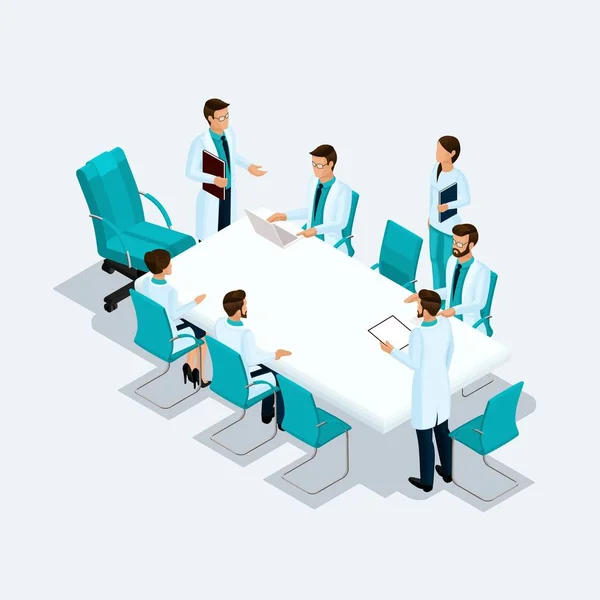 Set Isometric health care providers, surgeons, nurse, doctor at a consultation, discussion, brainstorming isolated on a light background — Stock Vector