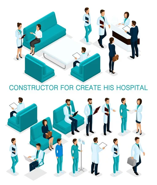 Empresários conjunto isométrico para criar suas ilustrações, hospitais, médicos, pacientes, recepção, Enfermeira 3D equipe médica isolada em fundo branco — Vetor de Stock