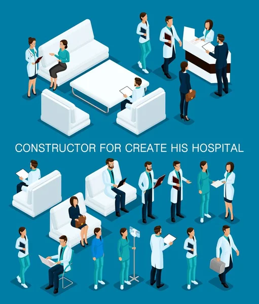 그의 삽화, 병원, 의사, 환자, 리셉션, 어두운 파란색 배경에 고립 된 3d 의료 직원 간호사로 비즈니스 사람들이 아이소메트릭 설정 — 스톡 벡터