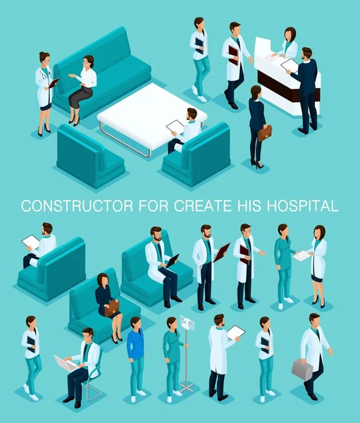 그의 삽화, 병원, 의사, 환자, 리셉션, 파란색 배경에 고립 된 3d 의료 직원 간호사로 비즈니스 사람들이 아이소메트릭 설정 — 스톡 벡터