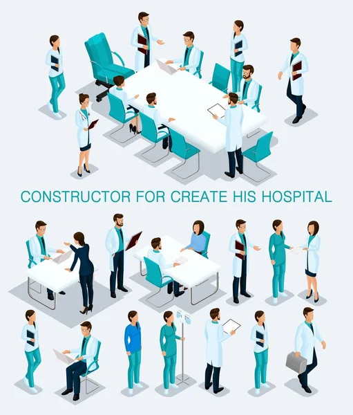 Podnikatelé izometrické k vytvoření jeho ilustrace konzultaci v nemocnici, lékaři, zdravotní sestry, lékaři 3d zdravotnický personál, samostatný na světlém pozadí — Stockový vektor