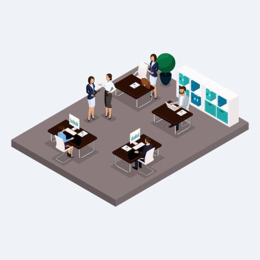 İzometrik multistoried ofis, ofis işçi 3d iş erkek ve kadın, izole mobilya oda. Vektör çizim