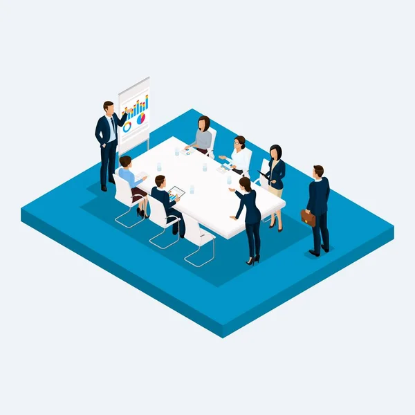 Isometric room high-rise office, meeting negotiations, brainstorming, office workers 3D business men and women, office furniture. Vector illustration — Stock Vector