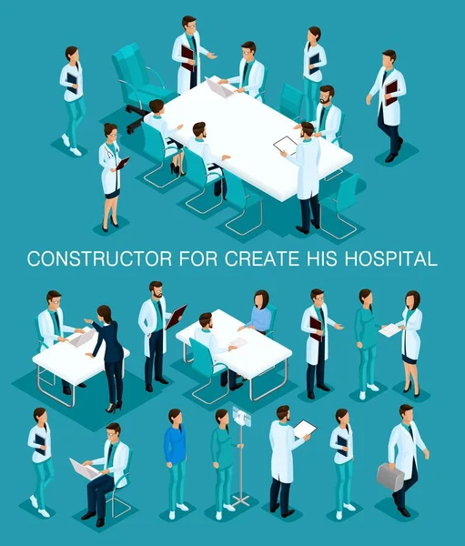 Empresários conjunto isométrico para criar suas ilustrações consulta no hospital, médicos, enfermeiros, cirurgiões equipe médica 3D isolado em um fundo azul — Vetor de Stock