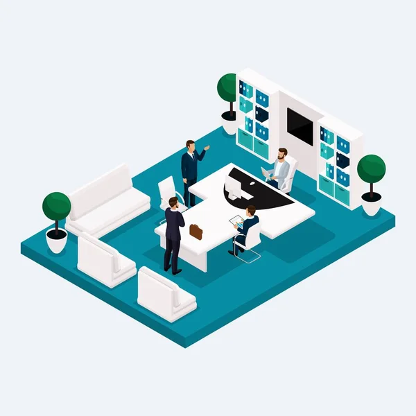Salas de reuniões isométricas, um multistoried trabalhadores de escritório reunião 3D homens e mulheres de negócios, móveis de escritório. Ilustração vetorial —  Vetores de Stock