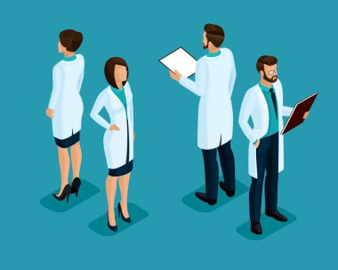 Trendy izometrik insanlar. Sağlık personeli, hastane, Doktor, hemşire, cerrah. Hafif bir arka plan üzerinde izole insanlar Önden Görünüm dikiz. 1 set