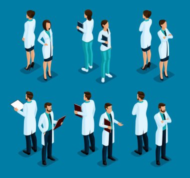 Trendy izometrik insanlar. Sağlık personeli, hastane, Doktor, hemşire, cerrah. Koyu mavi bir arka plan üzerinde izole konum duran insanlar, vize, önden görünümü
