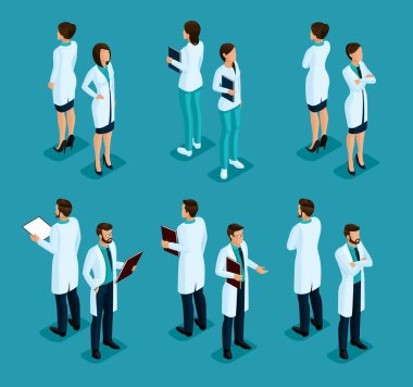 Trendy izometrik insanlar. Sağlık personeli, hastane, Doktor, hemşire, cerrah. Üzerinde mavi arka plan izole konum duran insanlar, vize, önden görünümü