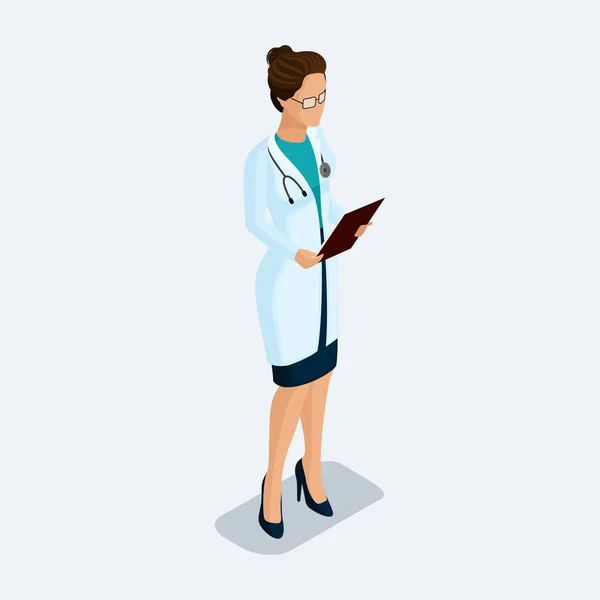 Trendy άνθρωποι ισομετρική. Ιατρική πρακτική, γιατρός γυναίκα κρατώντας ένα γράφημα ασθενείς, πρόσοψη που απομονώνονται σε ανοιχτόχρωμο φόντο. Εικονογράφηση διάνυσμα — Διανυσματικό Αρχείο