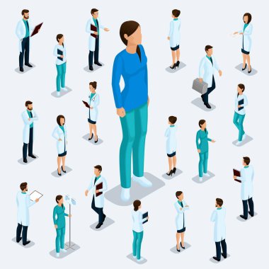 Trendy izometrik insanlar. Sağlık personeli, hastane, Doktor, cerrah. Hafif bir arka plan üzerinde izole konum duran insanlar vize, önden görünümü