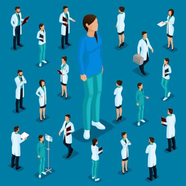 Trendy izometrik insanlar. Sağlık personeli, hastane, Doktor, cerrah. Koyu mavi bir arka plan üzerinde izole pozisyon ayakta çoğu hemşire, insanlar için vize, önden görünümü.