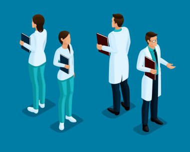 Trendy izometrik insanlar. Sağlık personeli, hastane, Doktor, hemşire, cerrah. Koyu mavi bir arka plan üzerinde izole insanlar Önden Görünüm dikiz. 2 set