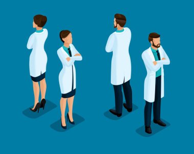 Trendy izometrik insanlar. Sağlık personeli, hastane, Doktor, hemşire, cerrah. Koyu mavi bir arka plan üzerinde izole insanlar Önden Görünüm dikiz. 3 set