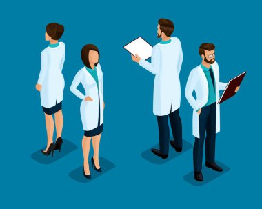 Trendy izometrik insanlar. Sağlık personeli, hastane, Doktor, hemşire, cerrah. Hafif bir arka plan üzerinde izole insanlar Önden Görünüm dikiz. 1 set