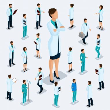Trendy izometrik insanlar. Sağlık personeli, hastane, Doktor, hemşire, cerrah. Hafif bir arka plan üzerinde izole konum duran insanlar vize ön görünüm için. 2