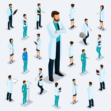 Trendy izometrik insanlar. Sağlık personeli, hastane, Doktor, hemşire, cerrah. Hafif bir arka plan üzerinde 4 izole konum duran insanlar vize, önden görünümü