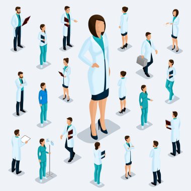 Trendy izometrik insanlar. Sağlık personeli, hastane, Doktor, hemşire, cerrah. Hafif bir arka plan üzerinde izole konum duran insanlar vize ön görünüm için. 3 set