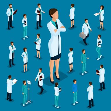 Trendy izometrik insanlar. Sağlık personeli, hastane, Doktor, hemşire, cerrah. Büyük yönetmen, insanlar vize, önden görünümü için koyu mavi bir arka plan üzerinde izole pozisyon ayakta. 2 set