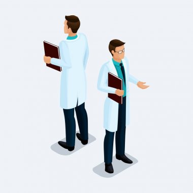 Trendy izometrik insanlar. Tıbbi uygulama, hastane, cerrah adam elinde bir defter ile. Hafif bir arka plan üzerinde izole pozisyon ayakta adam Önden Görünüm dikiz,