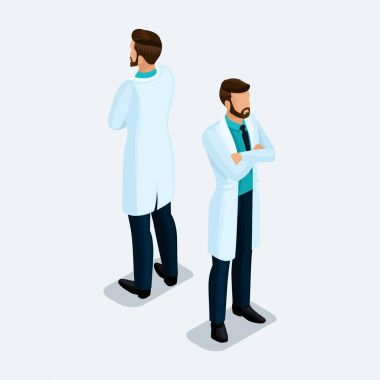 Trendy izometrik insanlar. Tıbbi uygulama, hastane, erkek cerrah. Adam ön görünüm arka görüş, hafif bir arka plan üzerinde izole pozisyon ayakta. Vektör çizim