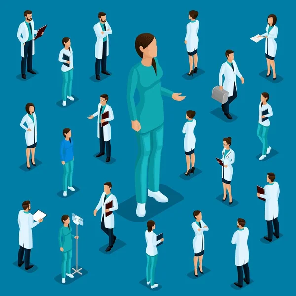 等尺性はトレンディーな人々。医療スタッフ、病院、医者、外科医。濃い青に分離された位置に立って、ビザのフロント ビューの人々 — ストックベクタ