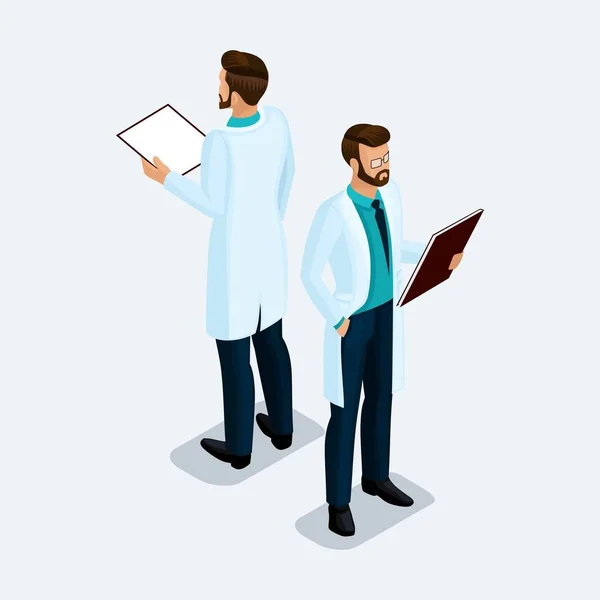 Trendy isometric people. Medical practice, hospital, male surgeon with a patient card. Man front view rear view, standing position isolated on a light background — Stock Vector