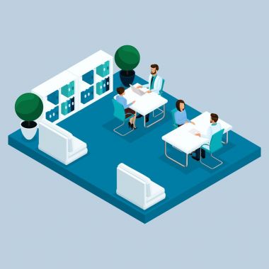 Trendy izometrik insanlar koymak. Sağlık personeli, hastane, Doktor, terapist, Resepsiyon, Oda, çalışma, hastalar üzerinde hafif bir arka plan izole resepsiyonda. Vektör çizim