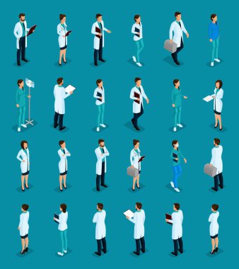 Trendy izometrik insanlar koymak. Sağlık personeli, hastane, Doktor, hemşire, cerrah. Doktorlar Önden Görünüm arka görüş, üzerinde parlak arka plan izole pozisyon ayakta