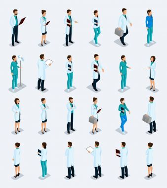 Trendy izometrik insanlar koymak. Sağlık personeli, hastane, Doktor, hemşire, cerrah. Hafif bir arka plan üzerinde izole pozisyon ayakta doktor Önden Görünüm dikiz,