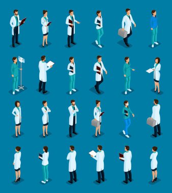 Trendy izometrik insanlar koymak. Sağlık personeli, hastane, Doktor, hemşire, cerrah. Doktorlar Önden Görünüm arka görüş, mavi bir arka plan üzerinde izole pozisyon ayakta. Vektör çizim