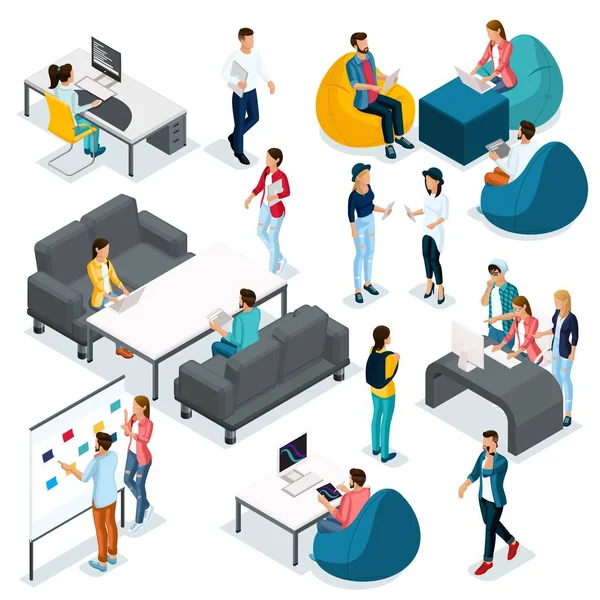 Trendy izometrik genç yaratıcı insanlar, modern saç modelleri ile şık giysiler içinde 4 ayarlayın. Serbest öğrenciler, hipsters izole