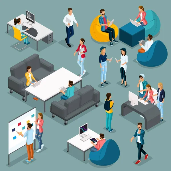 Trendy izometrik genç yaratıcı insanlar, modern saç modelleri ile şık giysiler içinde 4 ayarlayın. Serbest öğrenciler, hipsters izole. Vektör çizim