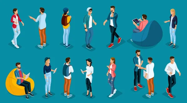 Trendy Isometric young people, teenagers and students. Creative people in the modern hipster clothing, shoes, jeans, hats, with modern gadgets, Freelancers on bright background isolated