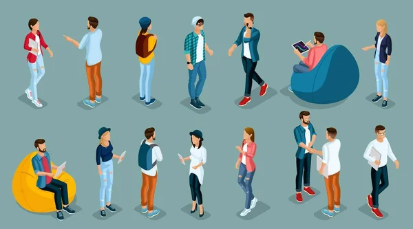 Trendy Isometric young people, teenagers and students. Creative people in the modern hipster clothing, shoes, jeans, hats, with modern gadgets, Freelancers isolated