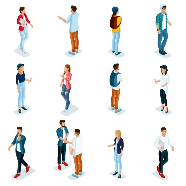 Trendy Isometric young people, teenagers and students. Creative people in modern dress hipster, modern gadgets, Freelancers isolated on white background. Vector illustration