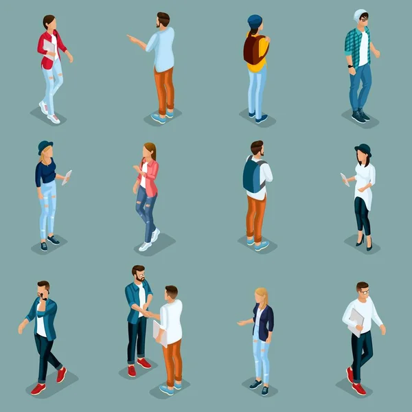 Trendy Isometric young people, teenagers and students. Creative people in modern dress hipster, modern gadgets, Freelancers isolated. Vector illustration