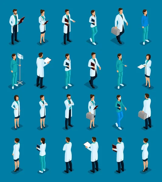 Trendy isometrische mensen instellen Medisch personeel, ziekenhuis, arts, verpleegkundige, chirurg. Artsen Vooraanzicht Achteraanzicht, staande positie geïsoleerd op een blauwe achtergrond. Vectorillustratie — Stockvector