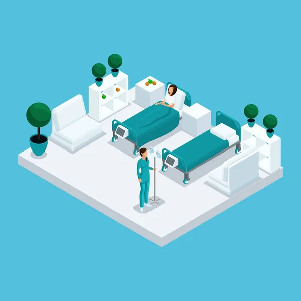 Isometric icon of many storey hospital building, room, house, patient, hospital staff, 3D nurse with a dropper isolated. Vector illustration — Stock Vector