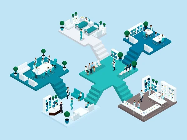 İzometrik simge çok katlı hastane bina merdiven ve Odalar, hastane personeli, hastalar 3d cerrahlar, doktorlar, hemşireler, ward. Vektör çizim