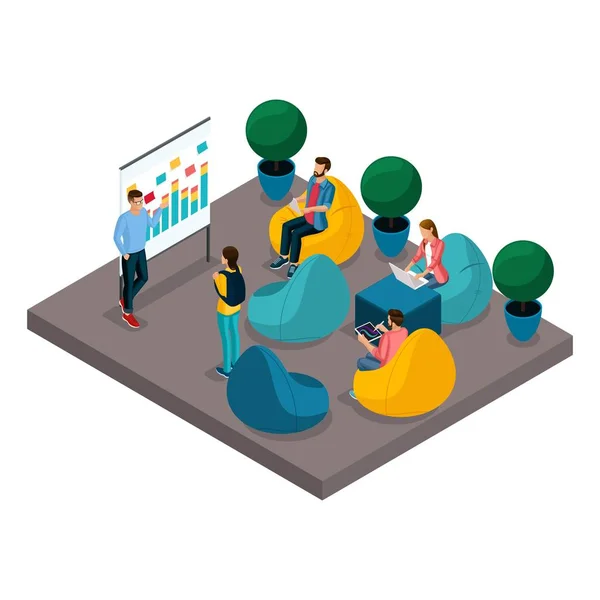 Merkezi coworking izometrik kavramı. 3d insanların eğitimli, yazı tahtası, coachers, açık ofis alanı içinde rahat koltuklar. Yaratıcı insanlar, serbest izole arka plan iş