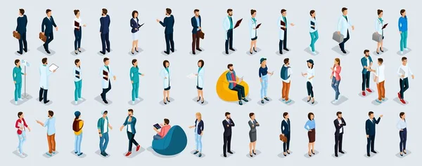 Merkezi coworking izometrik kavramı. Toplantı, tartışırken, planlama, açık ofis alanı içinde rahat koltuklar tahta, beyin fırtınası 3d insanlar. Yaratıcı insanlar, izole serbest