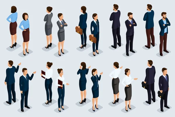 Trend Isometric people 3D businessmen and business woman in business suits, people 's gestures, a front view and rear view isolated on a light background. Векторная иллюстрация — стоковый вектор