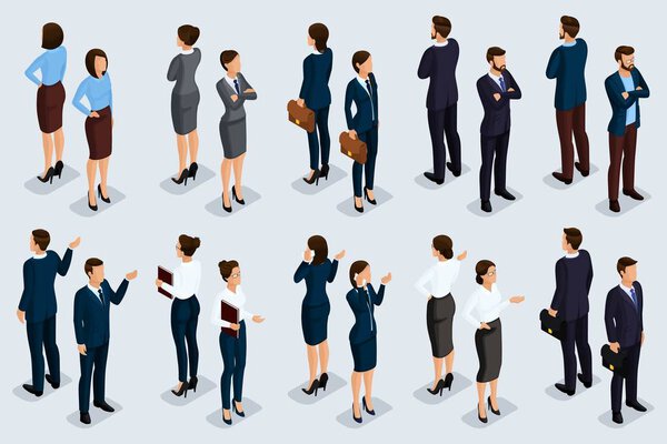 Trend Isometric people 3D businessmen and business woman in business suits, people 's gestures, a front view and rear view isolated on a light background. Векторная иллюстрация

