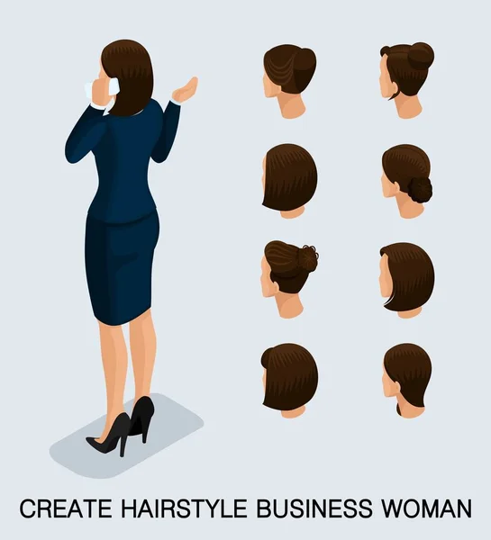 Set 5 Moda mujer de negocios 3D isométrica, un conjunto de cortes de pelo de las mujeres, peinado, cabello, color de pelo. Vista trasera aislada sobre un fondo claro. Ilustración vectorial — Vector de stock