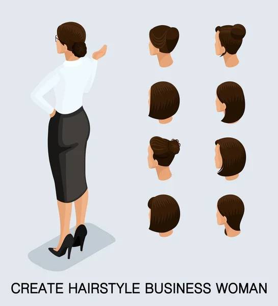 Set van 6 mode isometrische 3d business dame, een set van vrouwen kapsels, stylen, haar, haarkleur. Achteraanzicht geïsoleerd op een lichte achtergrond. Vectorillustratie — Stockvector