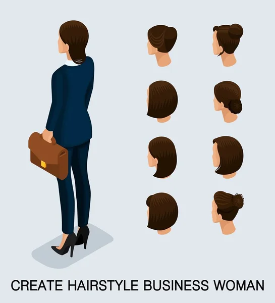 3 패션 아이소메트릭 3d 비즈니스 여자, 여자의 머리를 자르거나, 세트 스타일링, 머리, 머리 색깔을 설정 합니다. 후면 보기 밝은 배경에 고립입니다. 벡터 일러스트 레이 션 — 스톡 벡터