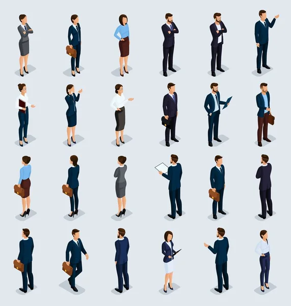 Isometric People Isometric businessmen, businessman and business woman, people in business suits during work, front view rear view isolated on a light background. Vector illustration — Stock Vector