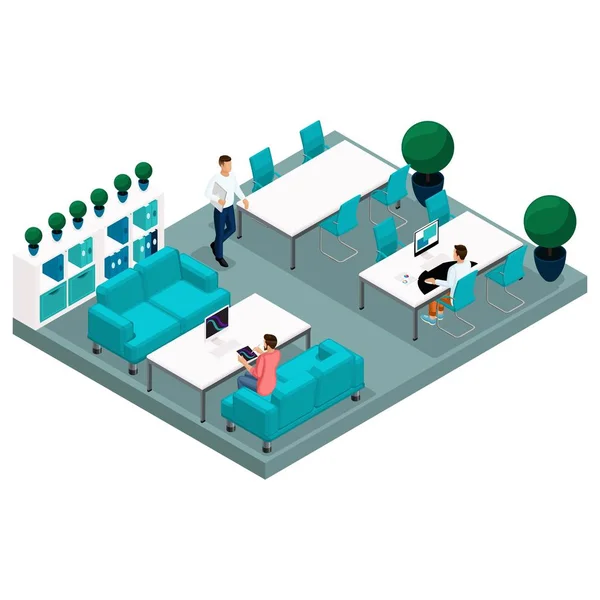 Concepto isométrico del centro de coworking. Personas en 3D hablando, reuniéndose, trabajando en un espacio de oficina abierto para un escritorio de oficina en una técnica moderna. Personas creativas — Vector de stock