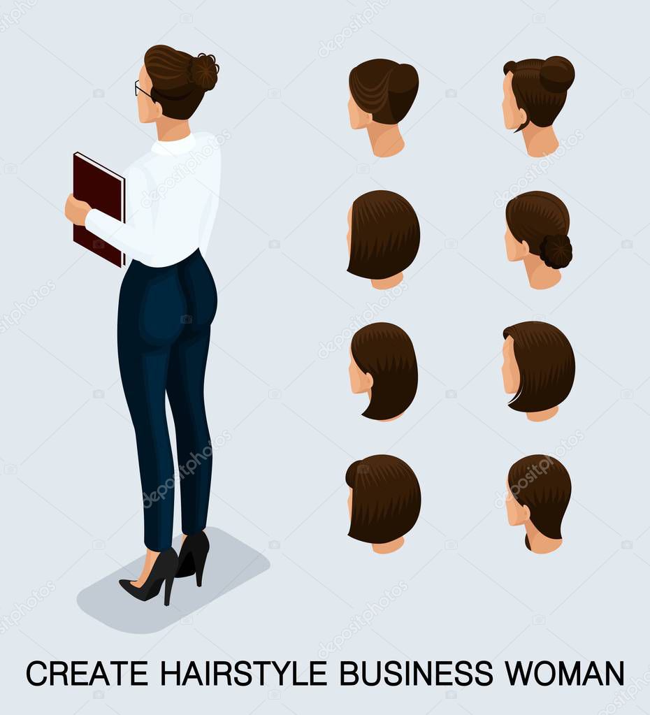 Set 4 Fashion isometric 3D business lady, a set of women's haircuts, styling, hair, hair color. Rear view isolated on a light background. Vector illustration